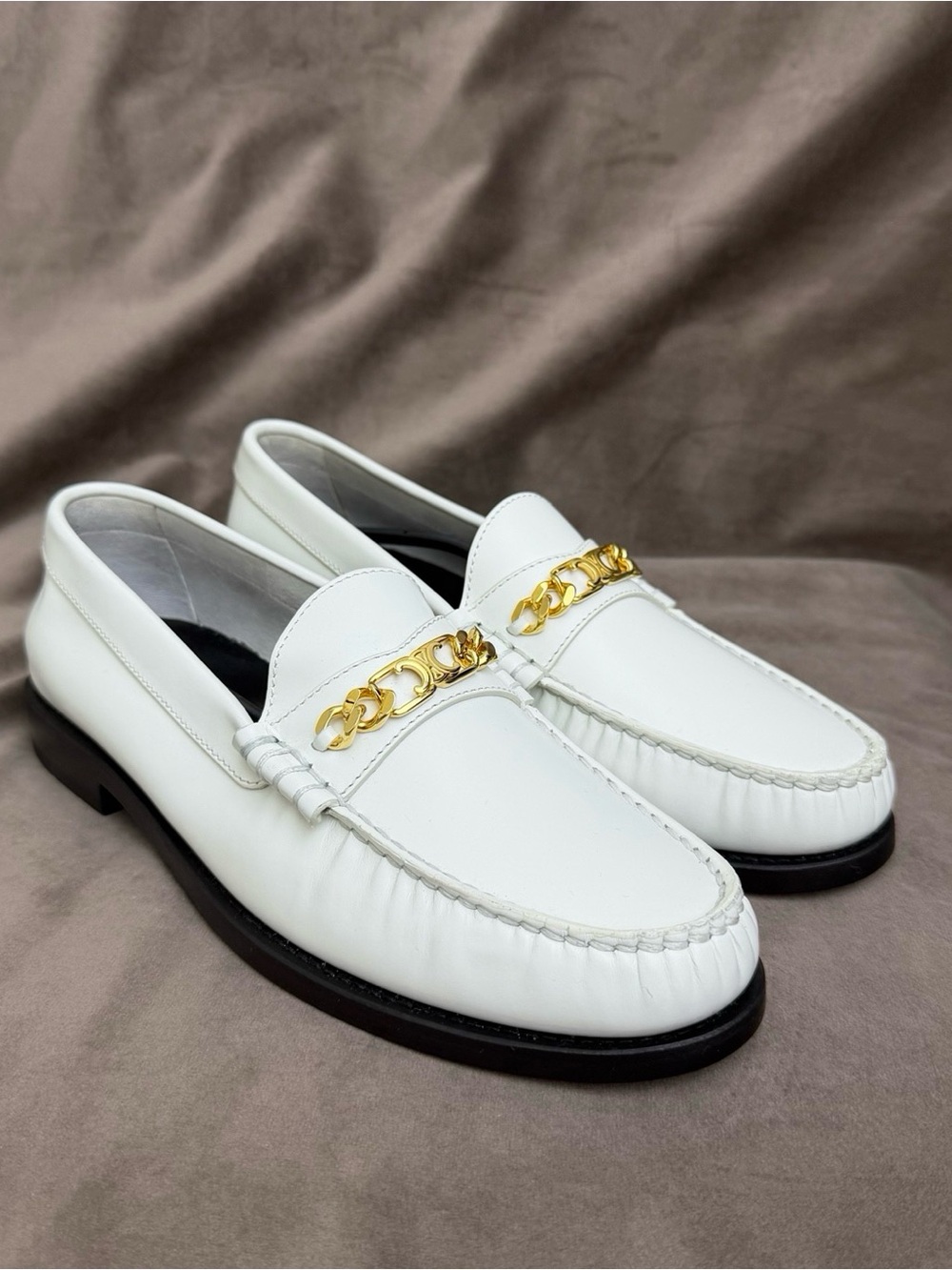 Celine White Leather Loafers with Gold Chain Accent - Picture 3 of 6